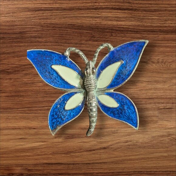 Vintage Florenza Butterfly Brooch Pin With Blue & White Enamel Textured Silver T - Picture 1 of 7